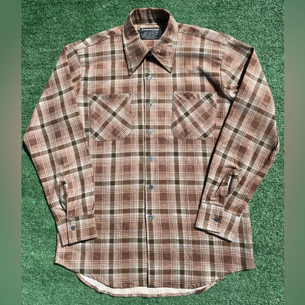 Vintage 60’s Sanforized Brown Plaid Cotton Flannel Lightweight Shirt Mens Medium